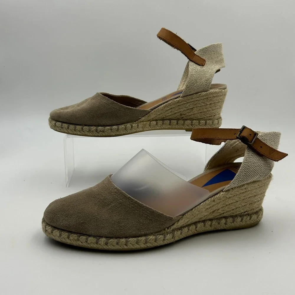 Verbenas Espadrille Wedge Sandals Womens 38 Taupe Suede Ankle Strap Boho Summer‎